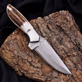 Heorot | Outdoor Camping Knife | Clad Damascus Blade | Stag Handle